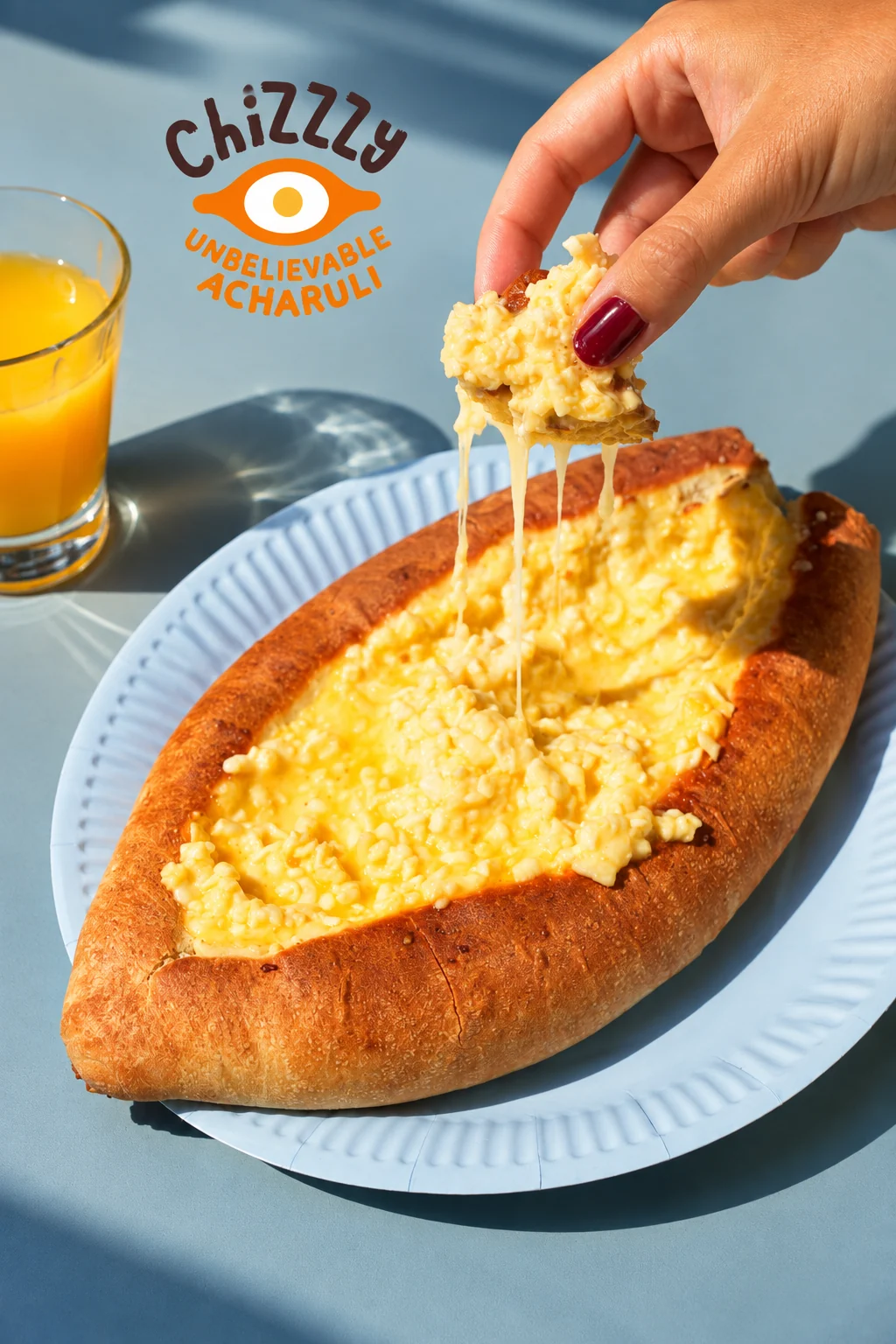 Close-up of Chizzzy khachapuri being enjoyed by hand
