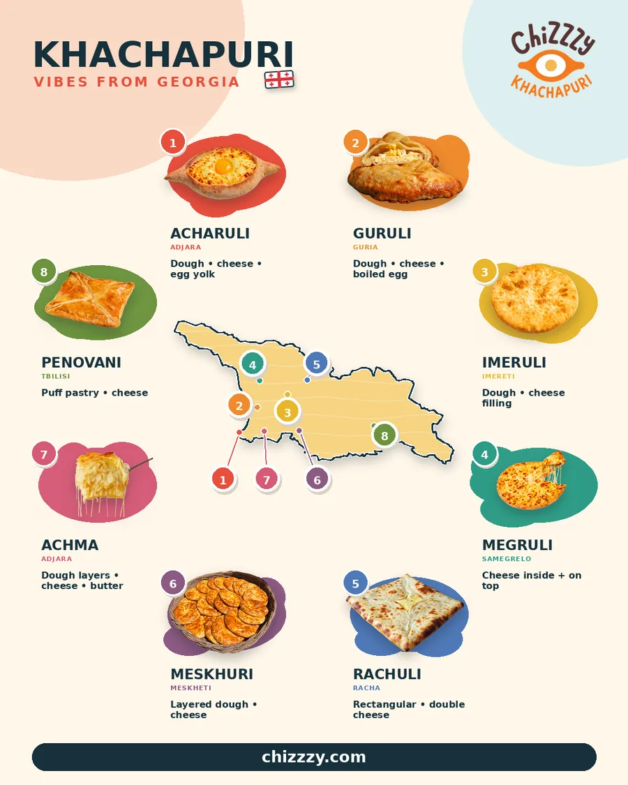 Map of Georgia showing regional khachapuri styles including Acharuli, Guruli, Imeruli, Megruli, Rachuli, Meskhuri, Achma and Penovani